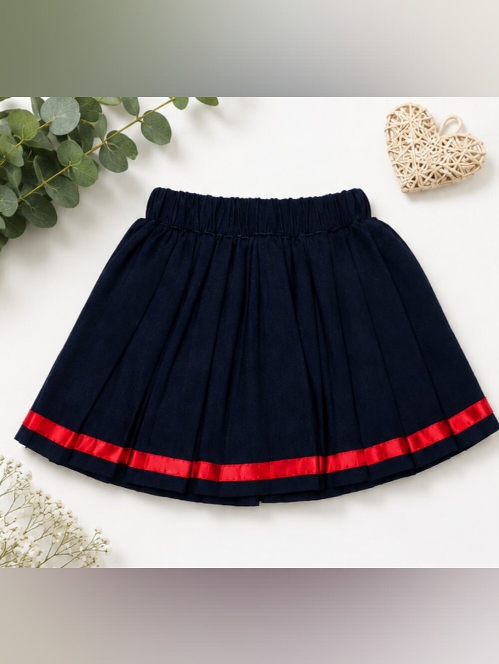 SHEIN Girls Navy Pleated Skater Skirt with Red Ribbon Trim | Size 4Y